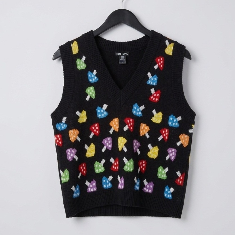 Mushroom Knit Sweater Vest Black Multicolor V-Neck Goblincore Fairy Grunge Pixel